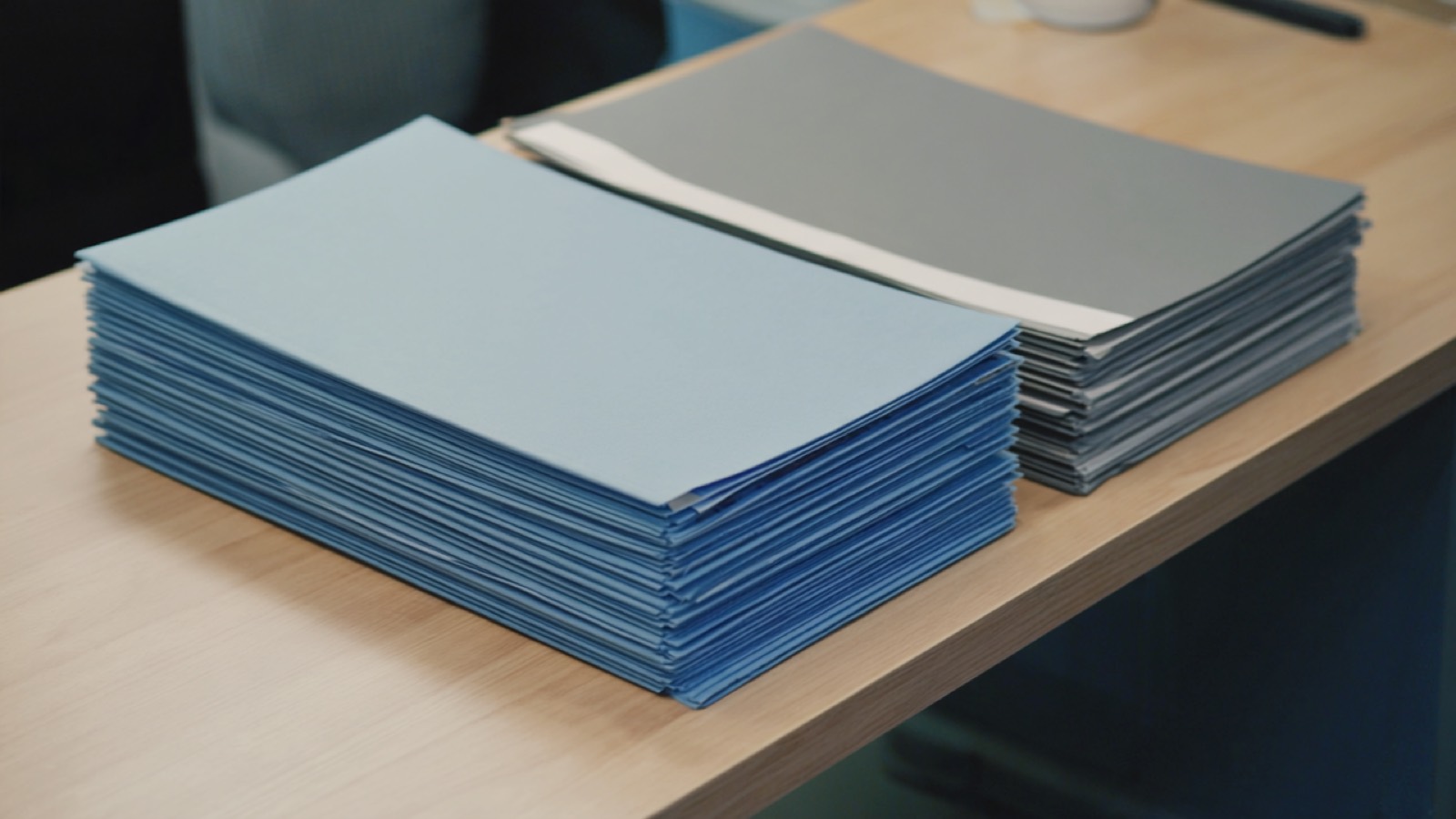 Zwei Stapel amtlicher Unterlagen und Aktenordner auf einem hellen Schreibtisch, einer in Blau, einer in Grau