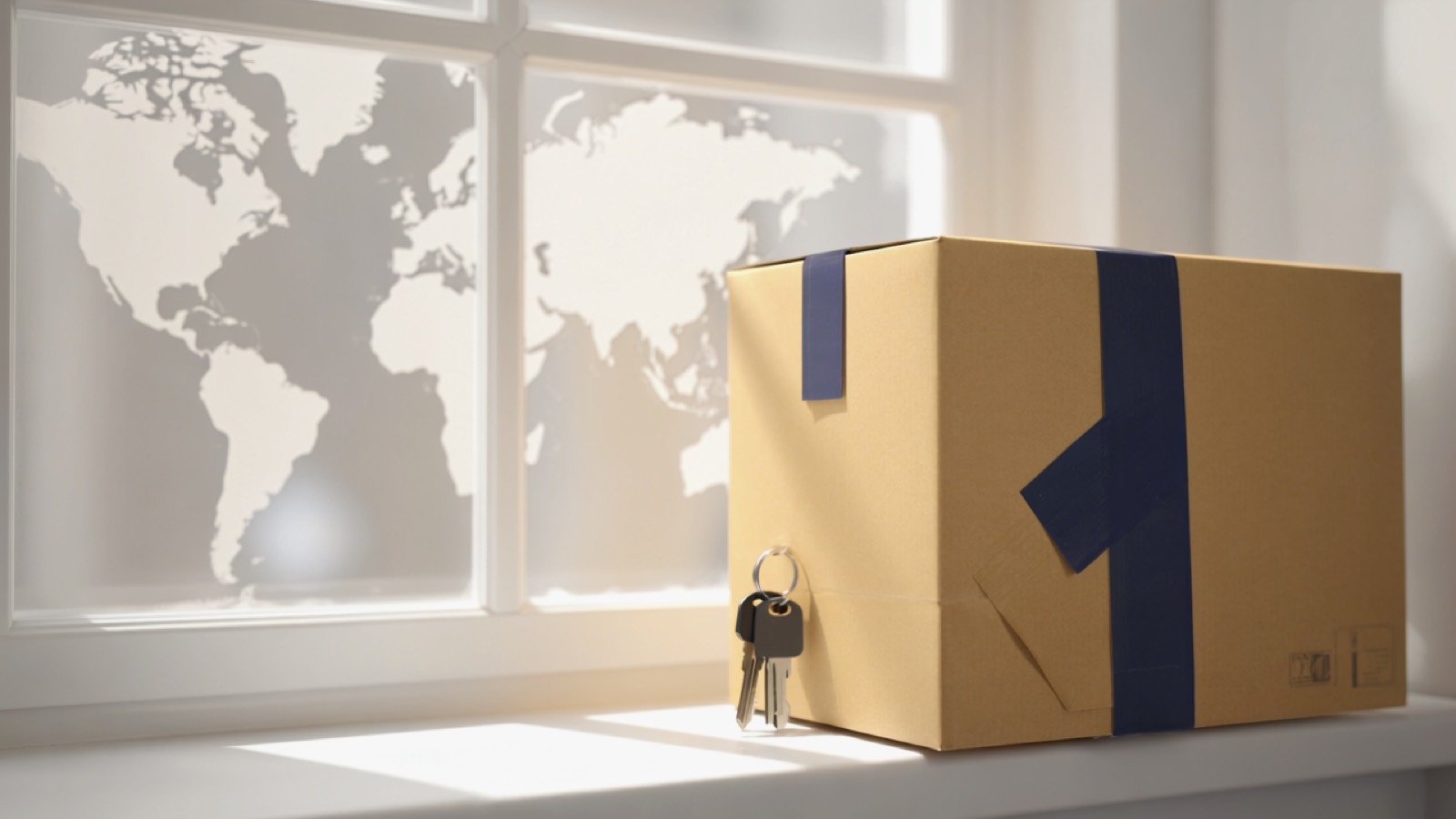 Ein gepackter Umzugskarton und ein Schlüsselbund auf einer hellen Fensterbank im Morgenlicht, im Hintergrund eine verschwommene Weltkarte